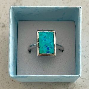 Sterling Silver Rectangular Blue Opal-Inlay Ring - Women Jewelry